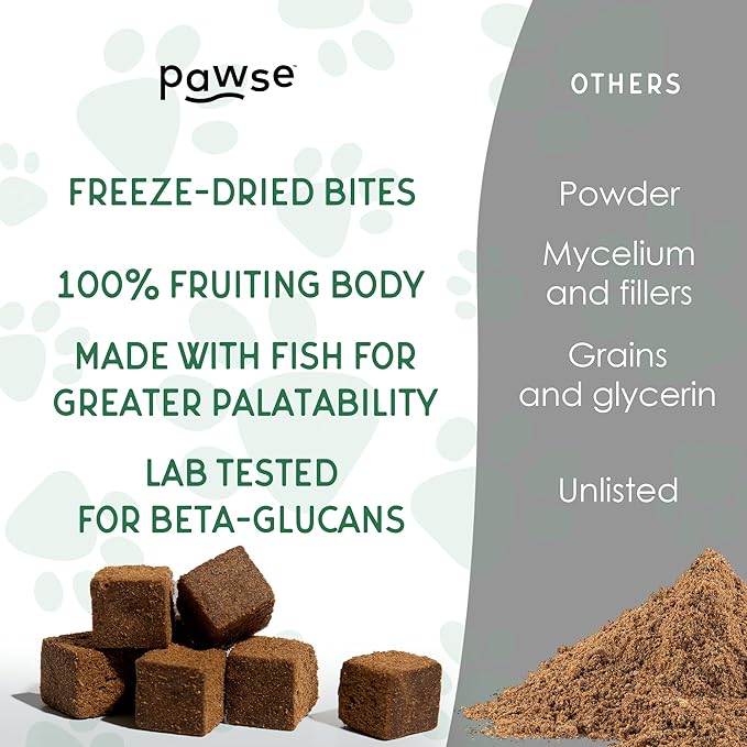 Mighty Mushroom Chews Supplement for Dogs & Cats | Blend of Turkey Tail, Reishi, Chaga, Maitake & Shiitake | for Immune System, Lumps & Bumps, Gut Health & Skin Support | 60 Chews