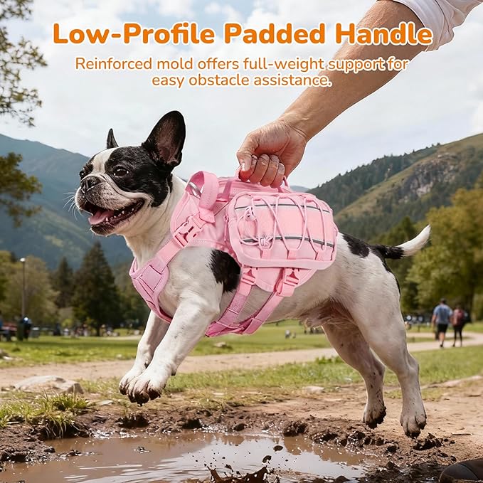 Large Dog Harness Backpack, No Pull Adjustable Dog Vest with Handle & Leash Ring, Lightweight Dog Backpack with Side Pockets for Walking, Training & Day Hikes, Pink, L