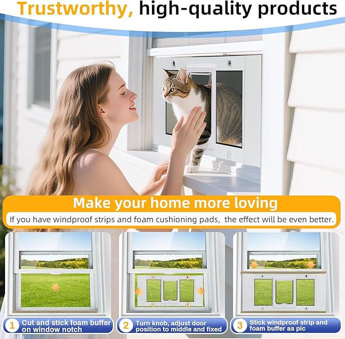 Full Size Cat Door Window Insert, fits 23'‘-28’' Various Sliding Windows, 4 Flexible Locking Modes, High-Definition, high-Transparency cat Door for Windows, Magnetic Reset Design