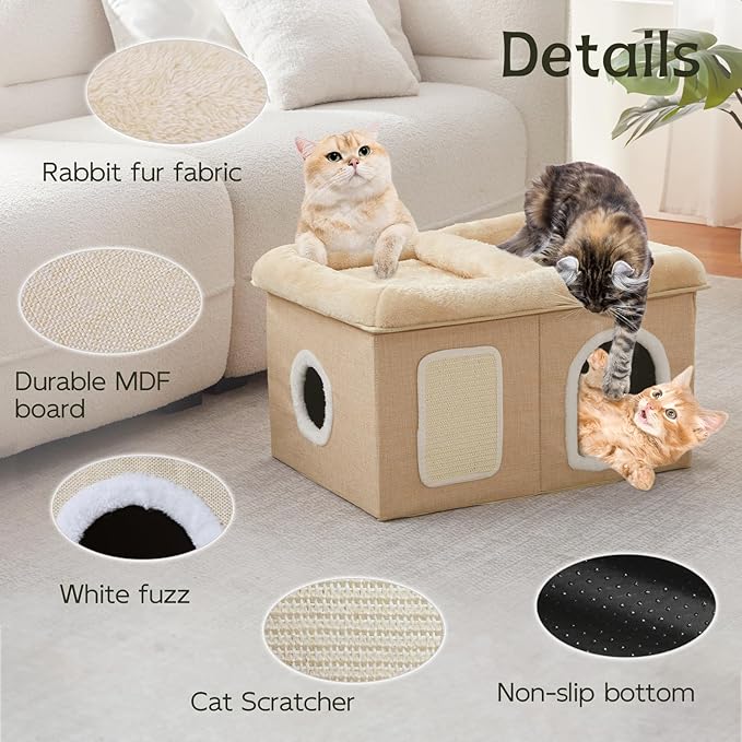 WINDRACING Cat Beds for Indoor Cats - Extra Wide Cat House for Pet and Foldable Cat Cave Bed with Scratch Pad, Cat Hideaway Condo for Kitten, 24.4x16.9x14.2 inches, Beige