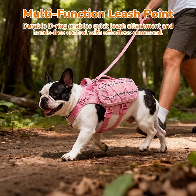Medium Dog Harness Backpack, No Pull Adjustable Dog Vest with Handle & Leash Ring, Lightweight Dog Backpack with Side Pockets for Walking, Training & Day Hikes, Pink, M