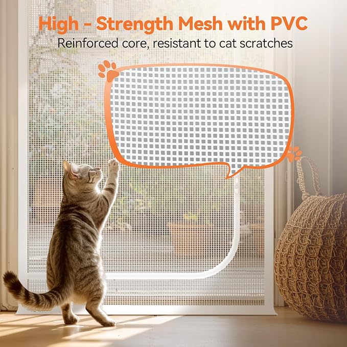 BFNN Cat Screen Door, Extra Tall Cat-Proof Mesh Gate, Fit Door Size 34'' x 82.5'', Anti Scratch Mesh with Zipper Closure, for Living Room, Kitchen, Bedroom (White)