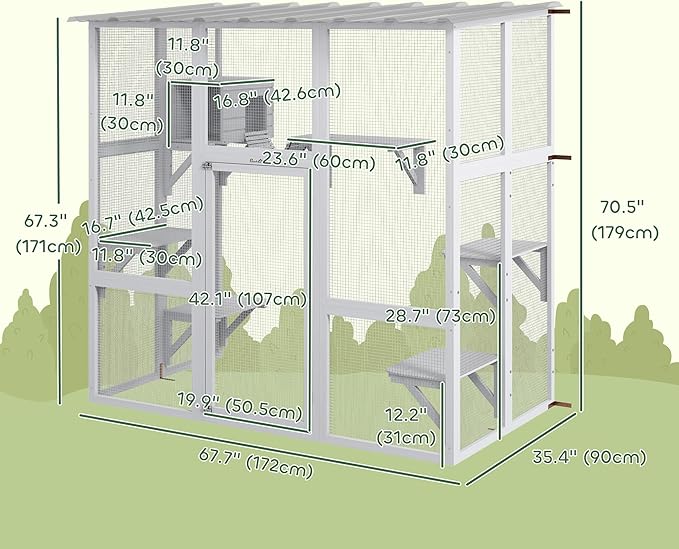 PawHut Catio Outdoor Cat Enclosure Window Box, Wooden Cat House Playground with Scratching Posts, Weather Protection Roof for 1-2 Kitties, Resting Boxes, 68" x 35.5" x 70.5", White