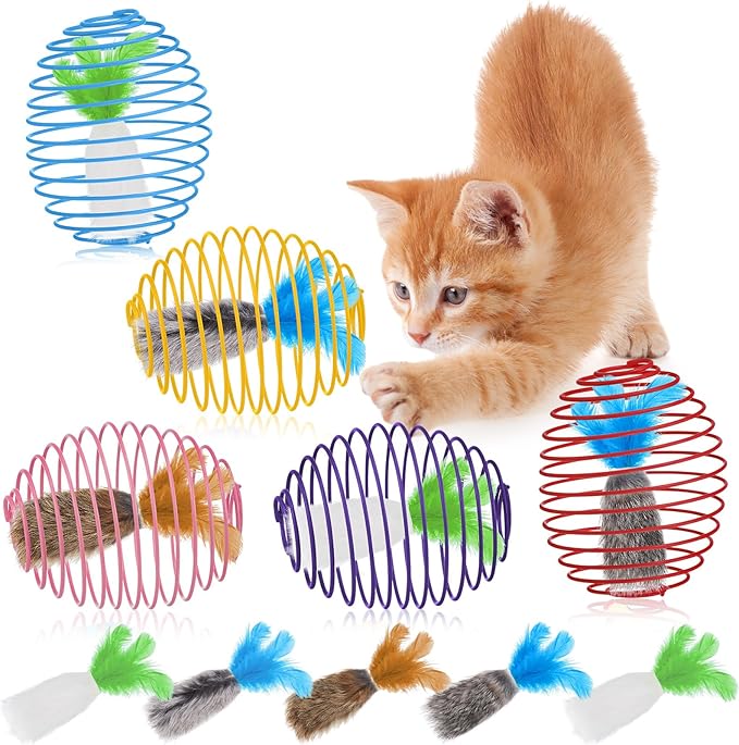 Jecery 5 Pcs Cat Spring Balls Toys Stretchable Rolling Balls Colorful Playful Coils Interactive Action Toy Caged Rats for Kitten Pet Supplies (Feathered Radish,Multicolor)