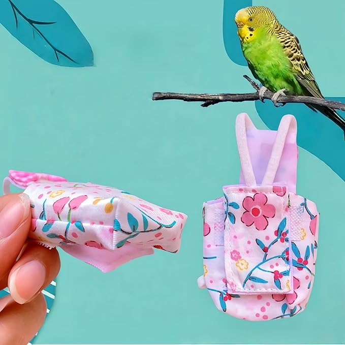 2 Pcs Bird Diapers Bird Harness Flight Suits Diapers with 80in Flying Leash Reusable Parrot Nappy with Waterproof Inner Layer for Cockatiel Budgie Conure Parakeet Lovebird-Pink&White