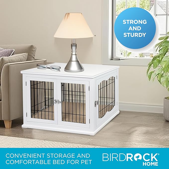 INTERNET'S BEST Decorative Dog Kennel with Pet Bed, Small Pet House, Double Door Indoor Crate, Engineered Wood & Wire Furniture, Side Table & Nightstand, Fits Small Dogs - White