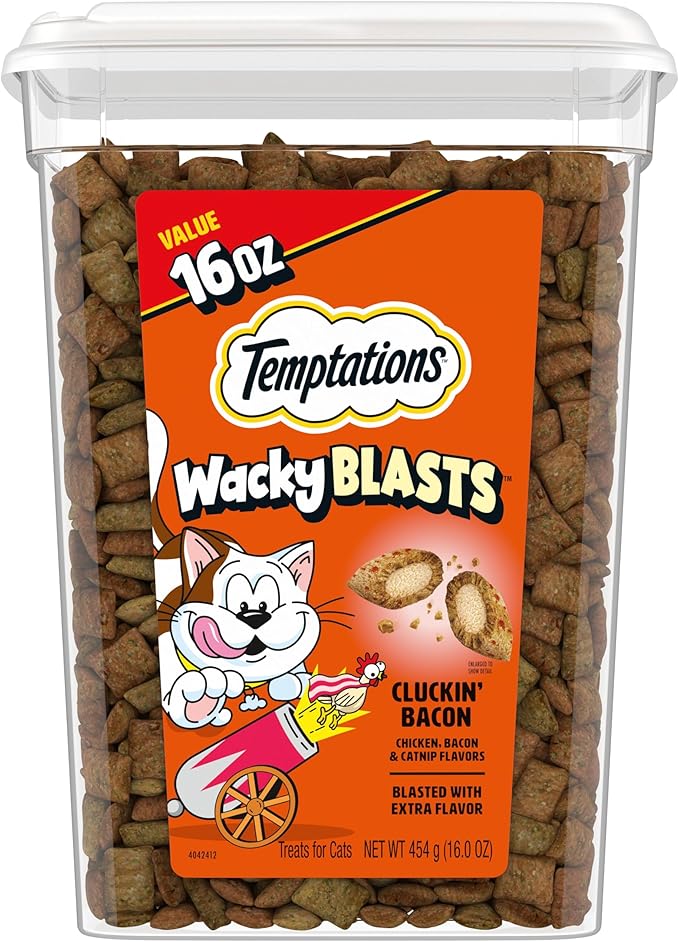 Temptations Wacky Blasts Cat Treats, Cluckin’ Bacon Flavor, 16 oz. Tub