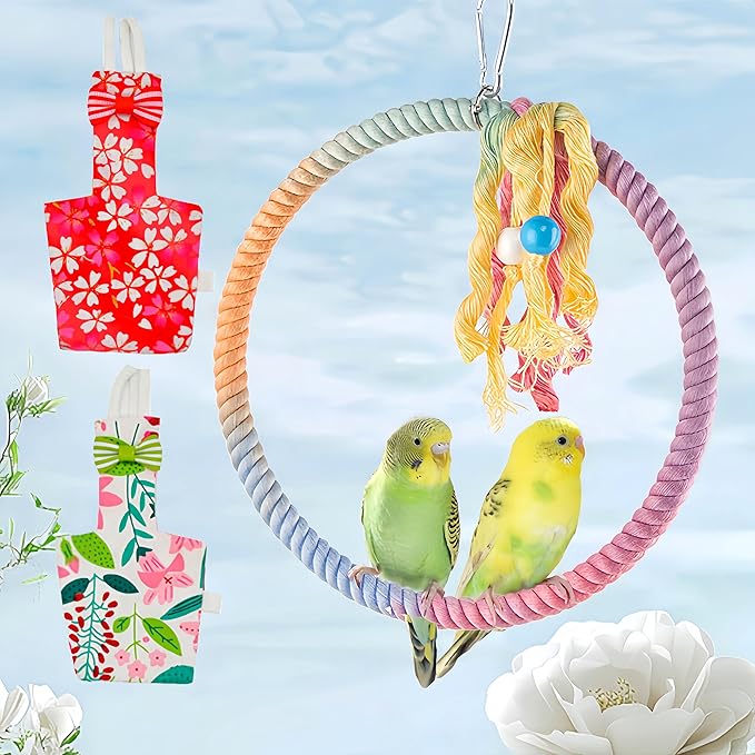 2 Pcs Bird Diapers Bird Harness Flight Suits Diapers with 80in Flying Leash Reusable Parrot Nappy with Waterproof Inner Layer for Cockatiel Budgie Conure Parakeet Lovebird-Red&White