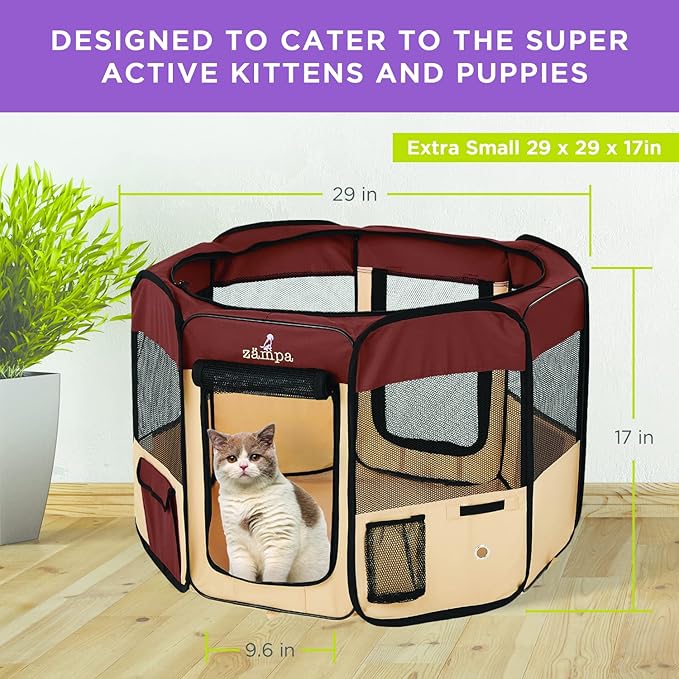 Zampa Puppy Playpen Extra Small 29"x29"x17" Portable Pop Up Playpen for Dog and Cat, Foldable | Indoor / Outdoor Kitten Pen & Travel Pet Carrier + Carrying Case.