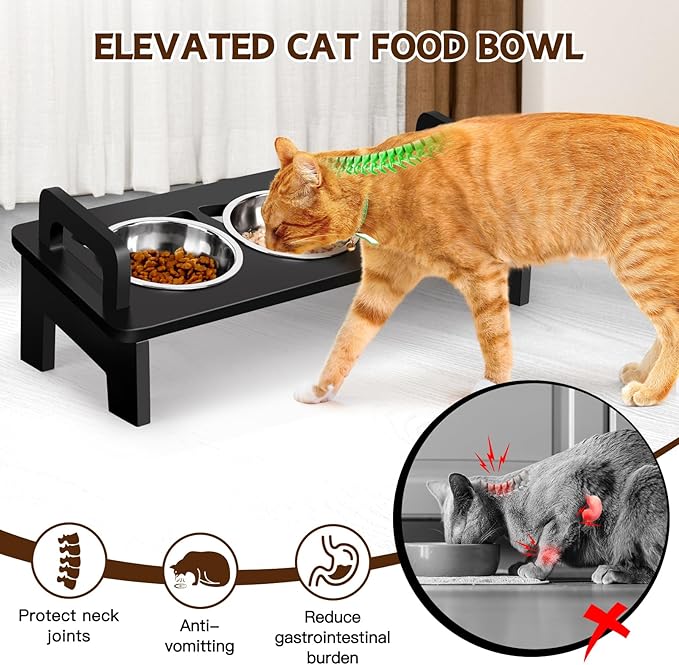 Bamboo Elevated Cat Bowls, 3 Stainless Steel Raised Cat Bowl with Stand, 15°Tilted Cat Feeding Station, Cat Food and Water Bowl Set for Small Cats and Puppy, Anti Vomitting, Whisker Fatigue (Black)