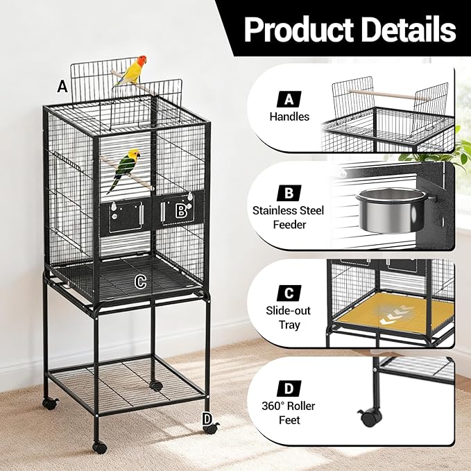 63 Inch Bird Cage with Wooden Perches, Standing Wrought Iron Birdcage Large Parrot Flight Bird Cage with Rolling Stand Birdcages for Cockatiels African Grey Quaker Lovebird Canary Budgie Finch Black