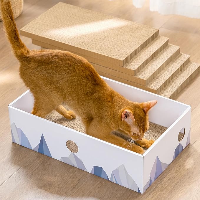 Cat Scratcher Box with Heavy-Duty Double-Sided Cardboard Pad, Cardboard Lounger, Interactive Hole Design, Cat Bed for Indoor Cats, White, Medium - 5 Pack