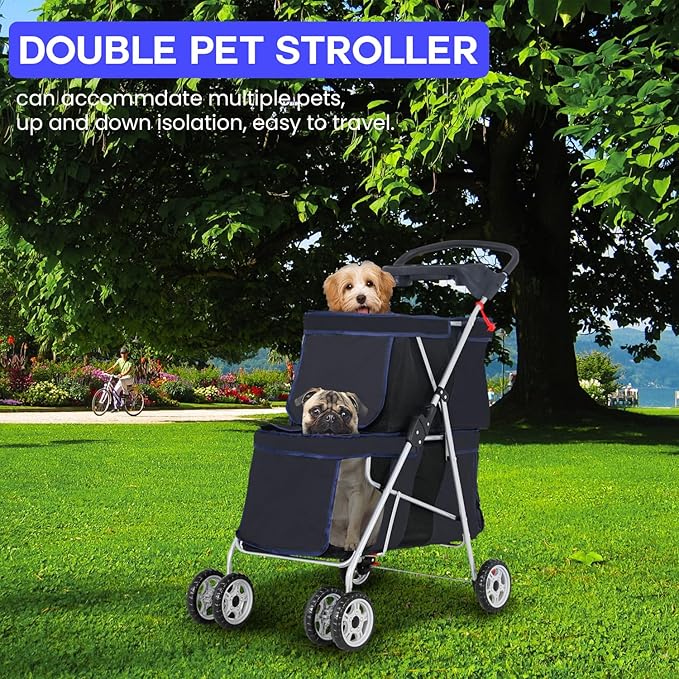 FDW 4 Wheels Pet Stroller Dog Cat Carriers Bag Lightweight Waterproof Folding Jogger Double Stroller with Cup Holders,Black