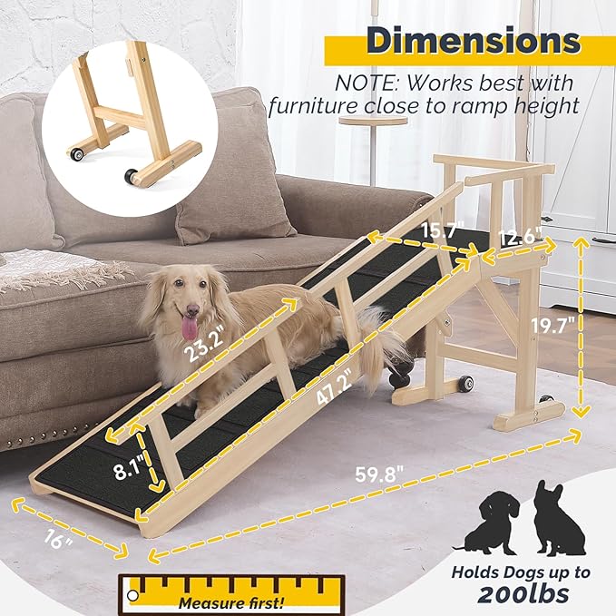 Dog Ramp for Bed or Couch, Wooden Pet Ramp with 20° Gentle Slope, Removable Side Rails, Non-Slip Surface, Top Platform & Wheels, Safe Bed Ramp for Small, Large & Senior Dogs, 60" Long, Natural