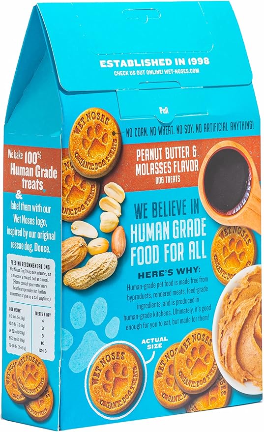 Wet Noses Organic Crunchy Dog Treats – All-Natural, Human-Grade, Non-GMO, Healthy Training & Delicious Snacks for Dogs, All Dog Sizes & Breeds – Grain Free Peanut Butter & Molasses, 14oz (Single Pack)