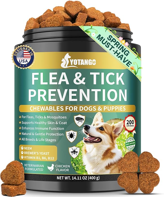 YOTANGO Flea and Tick Prevention for Dogs Chewable, 200 Soft Treats Natural Dog Flea and Tick Treatment Chewable, Oral Flea Supplement Chews, Skin & Coat Support for Dogs Puppies - All Breeds & Ages