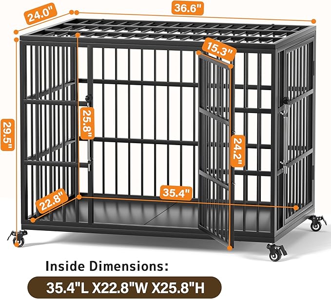 VERIFURTY 36 Inch Heavy Duty Dog Crate for Medium and Large Dogs with Self-Locking Latch, Escape-Proof Steel Dog Kennel Indoor, Double Door Metal Pet Cage with Wheels and Removable Floor