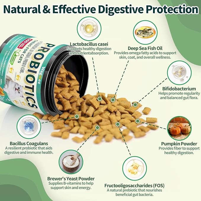 Cat Probiotics Tasty Chews –500 Chews Crunchy & Creamy Texture, Fish Oil Omega-3 Skin & Coat Health Digestive & Gut Support, Constipation Relief, Healthy Stool, Chicken Krill Flavor