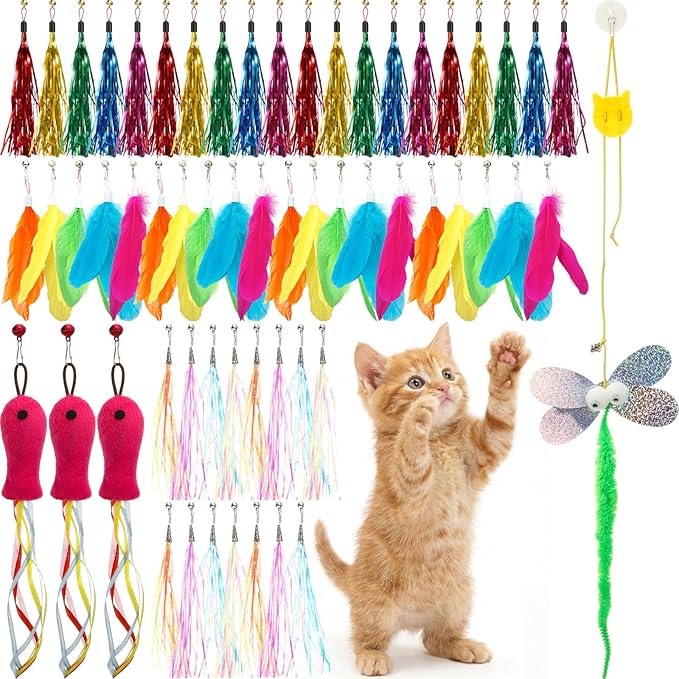 60 Pcs Cat Wand Feather Toys Refill Colorful Cat Wand Replacement Feathers Toy for Interactive Kitten Fishing Pole Feather Attachments with Bells for Stray Cats to Exercise (Feather-Mix)