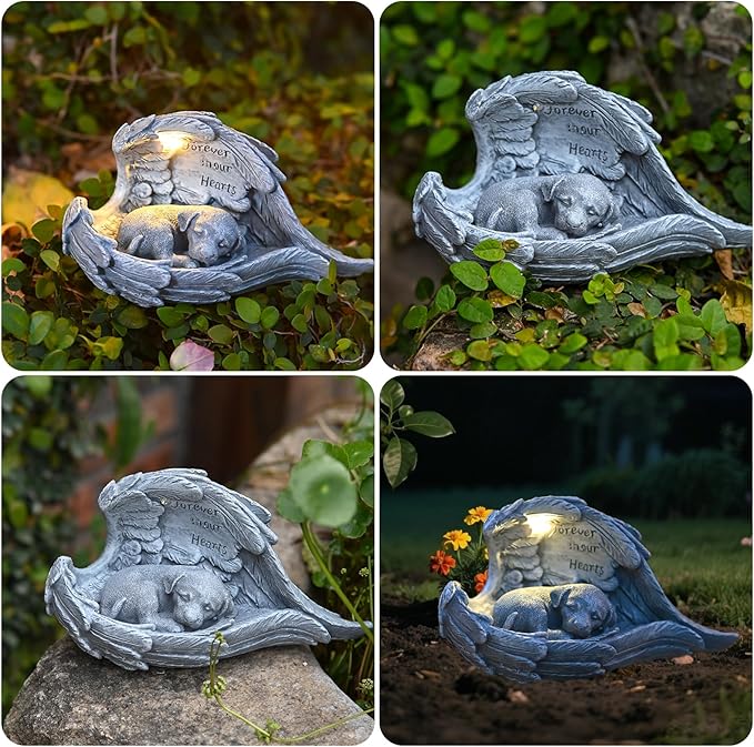 VEEKI Dog Memorial Gifts for Loss of Dog, Peaceful Sleeping Solar Angel Dog Statue Outdoor Waterproof, Resin Dog Figurine Pet Memorial Stone for Garden Grave Markers, Loss of Pet Sympathy Gift (Dog)