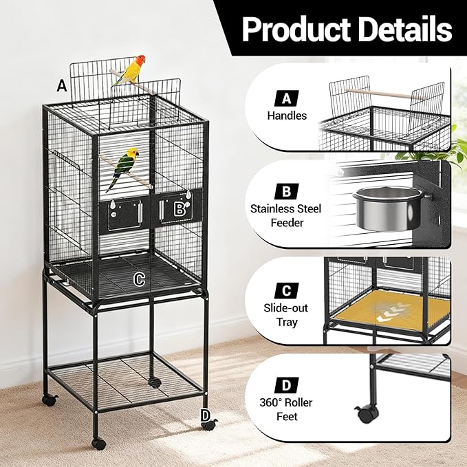 63 Inch Bird Flight Cage, Standing Wrought Iron Bird Cage with Rolling Stand, Wheels, Perches and Bird Feeder, Large Parrot Cage for Cockatiels, African Grey, Parakeets, Conures, Budgies, Lovebirds