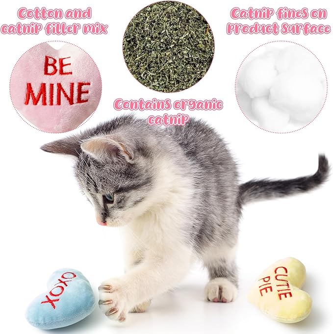 MALLMALL6 5Pcs Valentine’s Day Conversation Heart Catnip Toys Gift for Cat, Indoor Kitten Chew Bite Kick Plush Candy Catmint Pet for Cat Lover Gifts, Cute Interactive Cat Supplies for Pet Presents