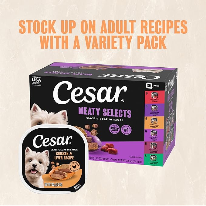 Cesar Classic Loaf in Sauce Adult Wet Dog Food Chicken and Liver Recipe, 3.5 oz. Easy Peel Trays, 24 Count (Pack of 1)