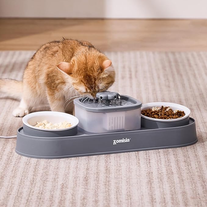 Cat Water Fountain and 2 Ceramic Food Bowls - 2 in 1 Ultra Quiet Automatic Pet Food and Water Bowl Set for Two Cats, Small Dogs, Gray (No Adapter)
