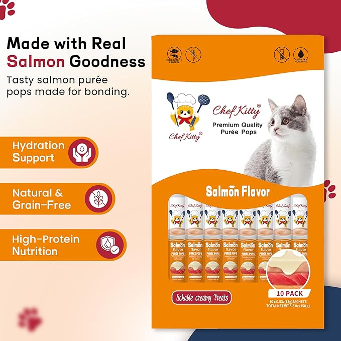 Cat Treats Lickable | Grain-Free Cat Food Toppers & Salmon Treats | Creamy Puree Squeeze Ups with Vitamin E & Taurine, Digestible Formula | 0.5 oz. Each Tube, Salmon Flavor | 10 Tubes