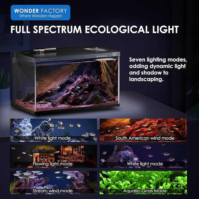 Wonderfactory Smart Aquarium Fish Tank 5 Gallon Starter kit, Self Cleaning System Efficiency Filter 7 Color LED Lights Automatic Feeder Temperature Display Monitor HD Glass, Smart Control with Apps