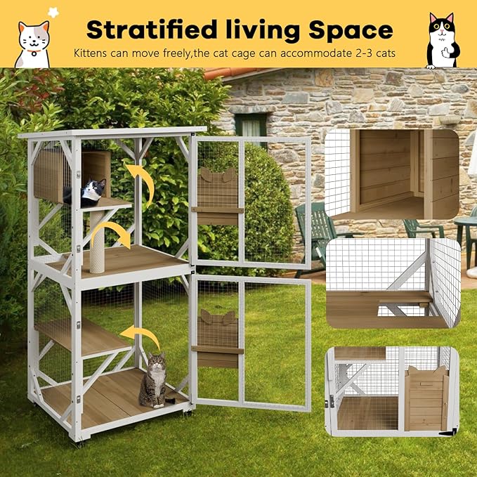 OFIKA Cat House Catio Outdoor Enclosure with Waterproof Roof,71'' cat House & Condos on Wheels for Outdoor Patio,Cat Window Box,Scratching Post（White）