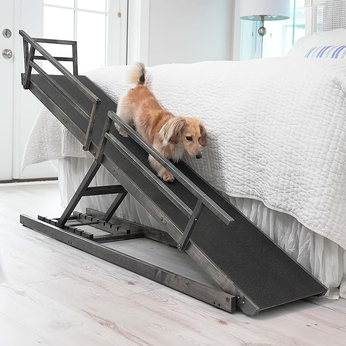 Dog Ramp for Bed, by DoggoRamps – Solid Hardwood Adjustable Dog Ramp for High Beds (up to 37" Tall) with Two-Tier Side Rails & Non-Slip Grip – Small Dog Bed Ramp up to 50lbs – 100% Made in N America