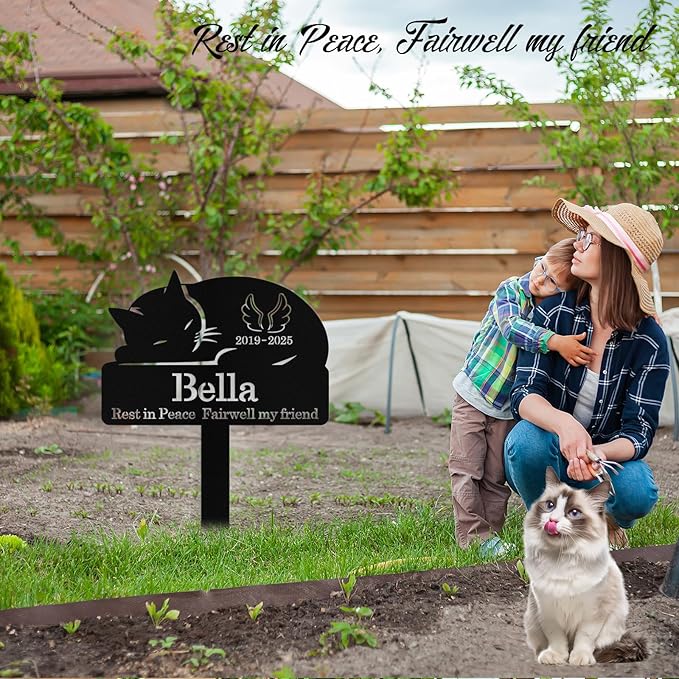 Custom Sleeping Cat Grave Marker Outdoor, Personalized Metal Cat Memorial Grave Stake with Name and Date, Outdoor Waterrproof Cats Memorial Plaque