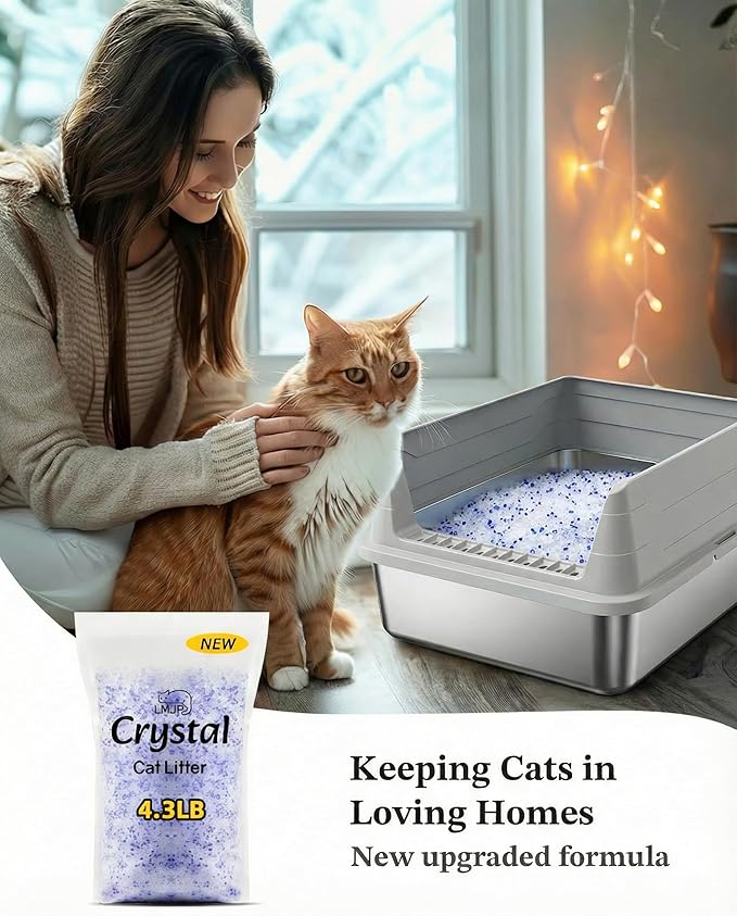 Crystal Cat Litter with Powerful Odor Control, Non-Clumping, Lasts Up to 4 Months, 17.2lb, Rapid Water Absorption, Unscented & Low Tracking Lightweight Blue & White Silica, 4 Pack of 4.3lb