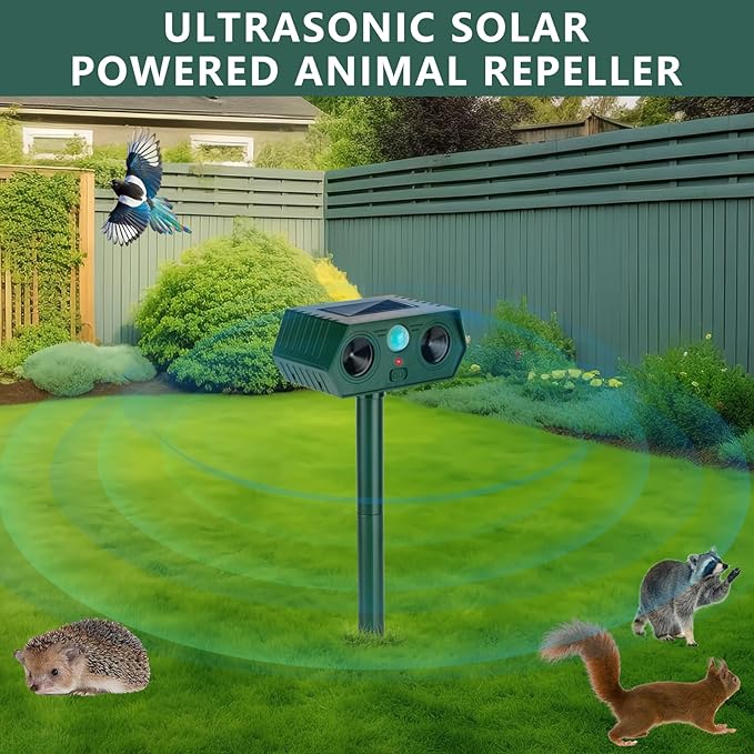 2 Pack 2026 Ultrasonic Animal Repellent Outdoor Cat Repellent Devices Solar Animal Repeller Motion Activated Deterrent to Scare Deer Squirrel Rabbit Raccoon Skunk for Yard Lawn Outdoor