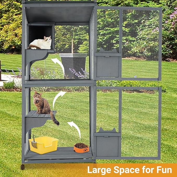 Cat Patio Enclosure, 69" Large Indoor Outdoor Catio Cage with Waterproof Roof, Lockable Wheels, Resting Cabin & Platforms for Multi-Cat Families, Weatherproof Catios