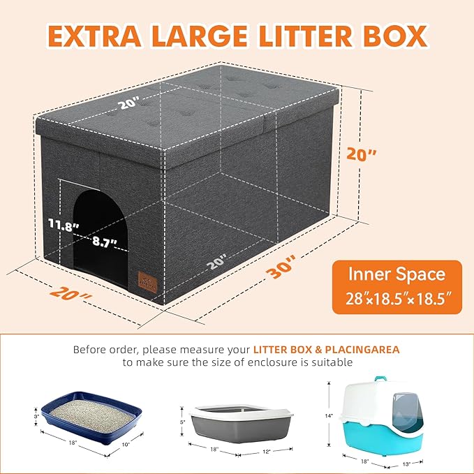 Cat Litter Box Enclosure Furniture for Odor Control, Hidden Cabinet Cats Litter Ottoman with Flip-Up Lid,Cat Litter Box Bench with Storage Space, Dog Proof(Grey, X-Large)