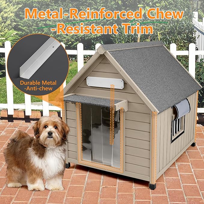 Large Dog House Outdoor with Window, Wooden Outdoor Dog House Kennel with Chew-Proof Iron Frame, Waterproof Roof, Doghouse Puppy Shelter for Dogs, 37.4''W x 30.5'L'x 39.3''H