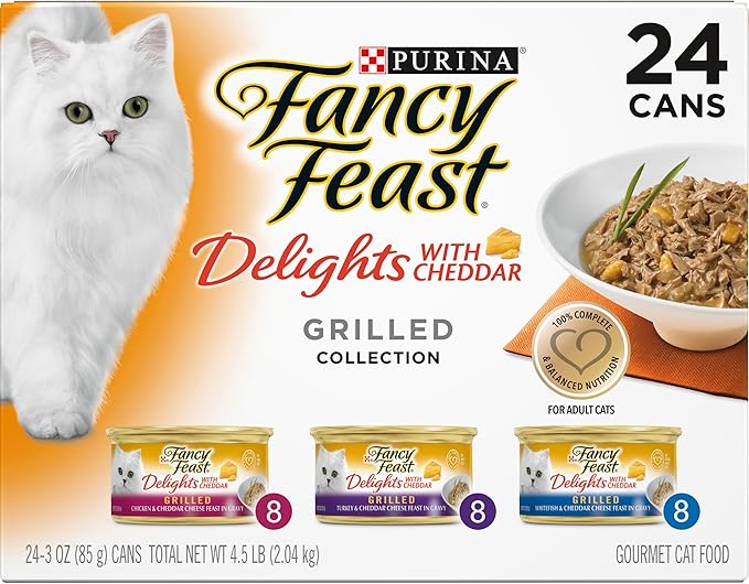 Purina Fancy Feast Delights with Cheddar Grilled Chicken, Turkey or Whitefish and Cheddar Cheese Feast in Gravy Wet Cat Food Variety Pack - (Pack of 24) 3 oz. Cans