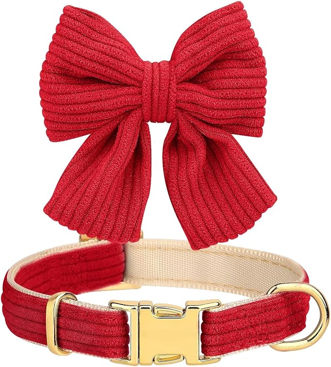 Didog Cute Small Dog Harness Collar and Leash Set with Bowtie, Breathable Soft Mesh Padded Puppy Harness, Christmas Dog Harness for for Parties, Holiday Gatherings & Gifts, Red, M