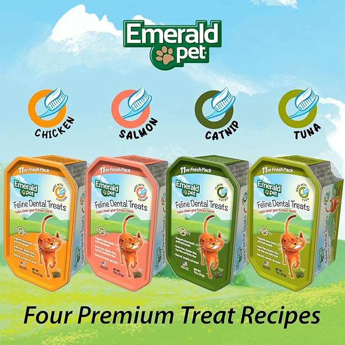 Emerald Pet Grain-Free Cat Dental Treats with Catnip – Crunchy Natural Dental Treats for Cats to Clean Teeth, Freshen Breath, and Reduce Plaque & Tartar – 11 oz Tub