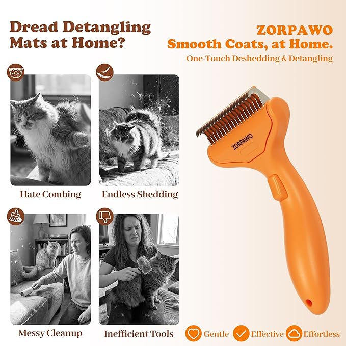 Dog Deshedding Brush & Dematting Comb for Cats - Removes Mats, Tangles & Loose Hair Painlessly, Professional Undercoat Rake for Long Haired Pets(Orange)