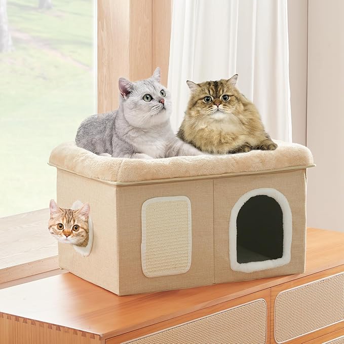 WINDRACING Cat Beds for Indoor Cats - Extra Wide Cat House for Pet and Foldable Cat Cave Bed with Scratch Pad, Cat Hideaway Condo for Kitten, 24.4x16.9x14.2 inches, Beige