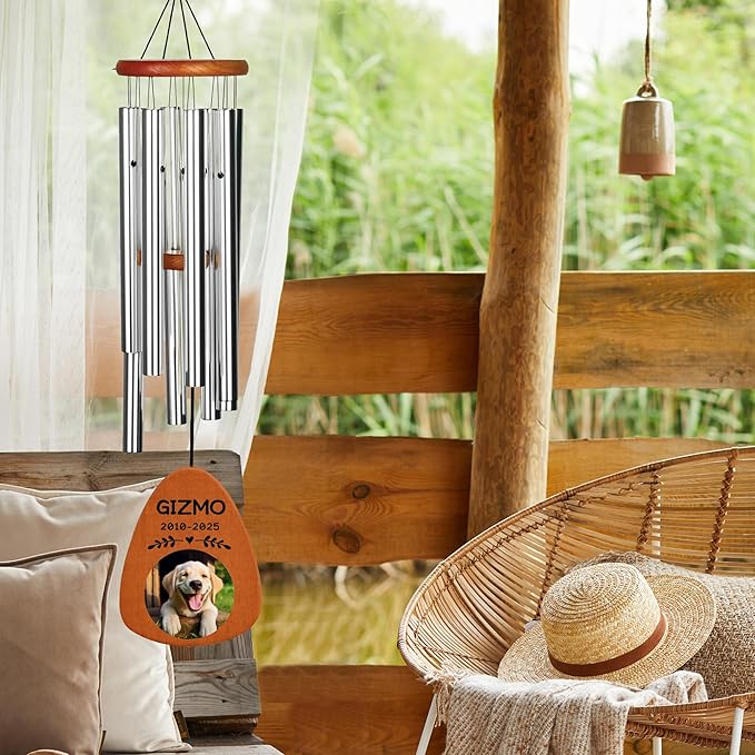 Personalized Pet Memorial Wind Chimes with Photo Pet Memorial Gifts for Dogs Pet Bereavement Gifts Custom 25.5 Inch Wind Chimes for Garden Patio for Loss of Dog Cat Puppy (Silver, Design 4)