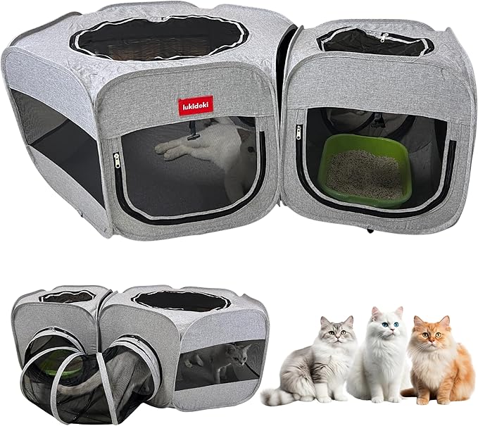 Portable Cat Playpen 2-Room with Tunnel, 3-in-1 Pop-up Cat Dog Crate Play Enclosure with Separate Areas, Foldable Pet Playpen for Puppy Kitten and Small Animals Indoor Outdoor