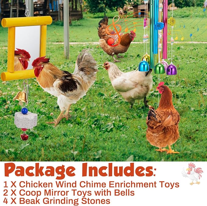 7 Pcs Chicken Toys, Hanging Chicken Wind Chime, 2 Pcs Coop Mirror Toys with Bells 4 Pack Beak Grinding Stones, Musical Coop Accessories for Hen Rooster Chick Poultry Bird (Rose Red, Yellow)