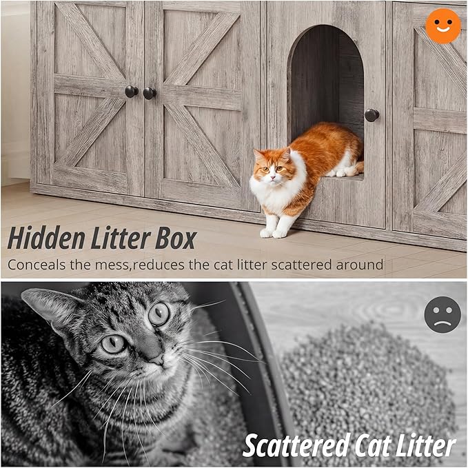 IRONCK Cat Litter Box Enclosure for 2 Cats, Litter Box Furniture Hidden with Double Room and Large Storage Space, Wooden Washroom Furniture, Cat House, Greige