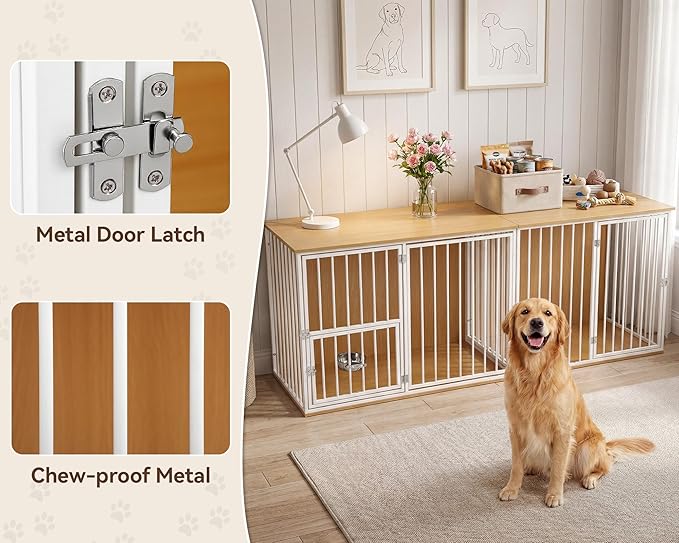 80.7" Double Dog Crate Furniture, Large Breed Dog Crate TV Stand with Swivel Bowls, Heavy Duty Wooden Double Dog Kennel with Removable Divider for 2 Medium Dogs (White)