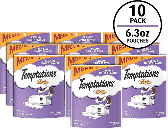Temptations Cat Treats, Classic Crunchy and Soft Cat Treats, Creamy Dairy Flavor, 6.3 oz. Pouch (Pack of 10)
