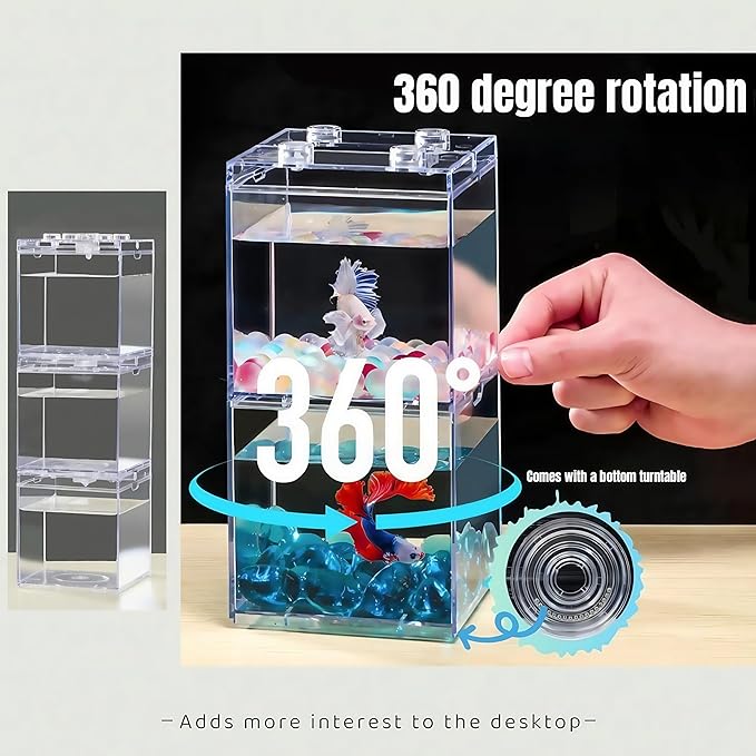 Mini Betta Fish Tank, Stackable Small Fish Bowl for Desktop Decoration, 0.2 Gallon 360° Rotatable Tiny Aquarium Kit with Gravels & Resin Crystal Cluster for Sea Monkey, Shrimp